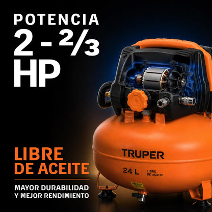 Truper COMP-KIT24S, Kit compresor libre de aceite 24 L, 2-2/3 HP con pistola y manguera