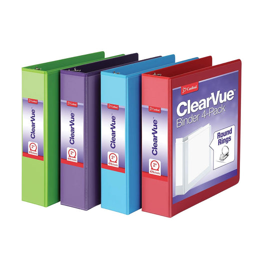 Cardinal Carpeta de 3 Anillos ClaroVista 2 Pulgadas 475 Hojas | 4 Colores Surtidos (Rojo, Verde, Azul, Morado), Paquete de 4, Antiadherentes, Sin PVC, 2 Bolsillos Interiores