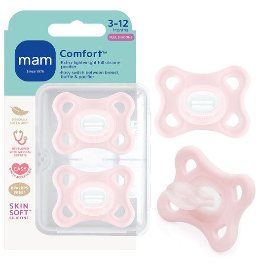 MAM Comfort - Chupones de silicona para bebés pequeños, ligeros de una sola pieza, para recién nacidos de 3 a 12 meses, sin BPA, fácil de limpiar, mejor para bebés lactantes, con estuche esterilizador