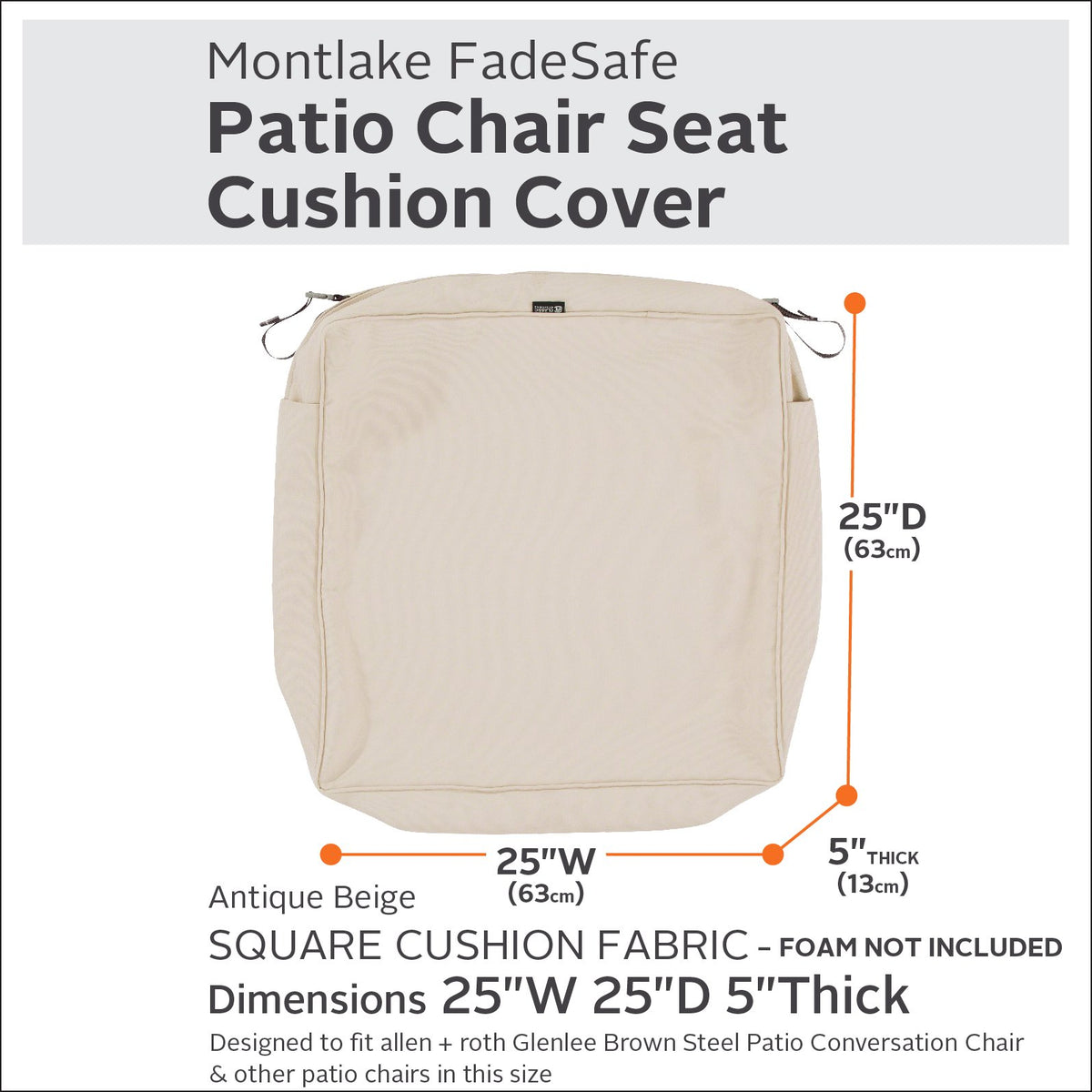 Classic Accessories Montlake - Funda de cojín para asiento de patio, Beige antiguo, 25" x 25" x 5" thick