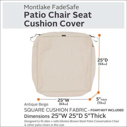 Classic Accessories Montlake - Funda de cojín para asiento de patio, Beige antiguo, 25" x 25" x 5" thick