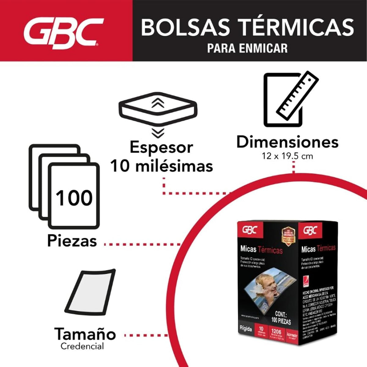 GBC M130156 Bolsa Térmica Rígida para Enmicar, 6.5 x 10.8 cm, 10 ml, 100 Piezas, empaque puede variar