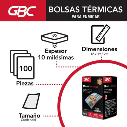 GBC M130156 Bolsa Térmica Rígida para Enmicar, 6.5 x 10.8 cm, 10 ml, 100 Piezas, empaque puede variar