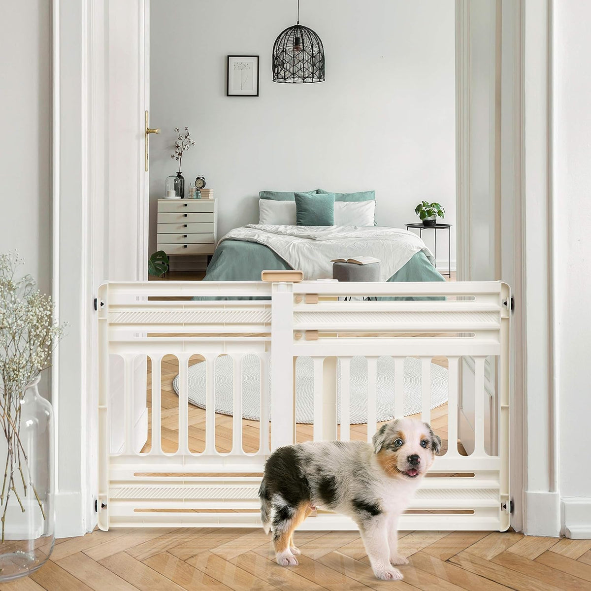 IRIS USA Barrera Ajustable para Perros 24"-39", 2 Pzas, Blanco | Área segura para interiores, barrera ajustable, instalación sin herramientas, diseño portátil y resistente