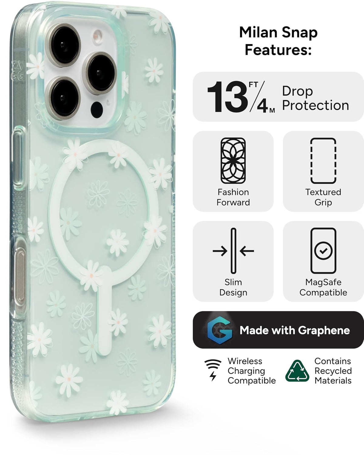 ZAGG Milan Snap - Funda para iPhone 16 Pro, diseño Floral Blanco sobre Base Verde Transparente, Compatible con MagSafe y Carga inalámbrica, protección contra caídas de 14 pies, ecológico, Reforzado