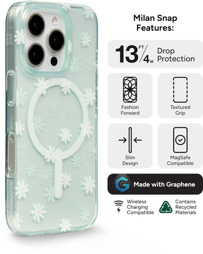 ZAGG Milan Snap - Funda para iPhone 16 Pro, diseño Floral Blanco sobre Base Verde Transparente, Compatible con MagSafe y Carga inalámbrica, protección contra caídas de 14 pies, ecológico, Reforzado