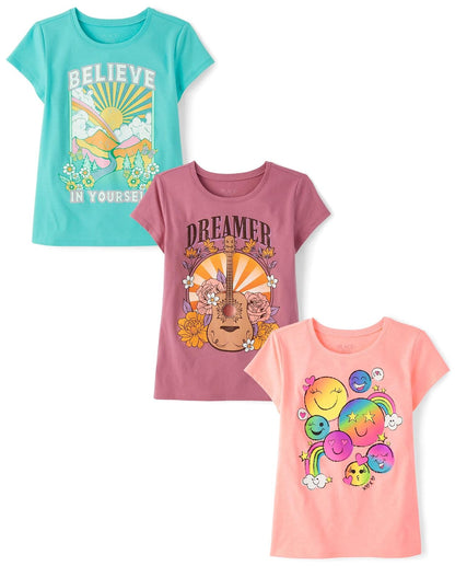 The Children's Place Playeras Estampadas de Manga Corta para Niña - XXL - Cree - Soñador - Iconos felices