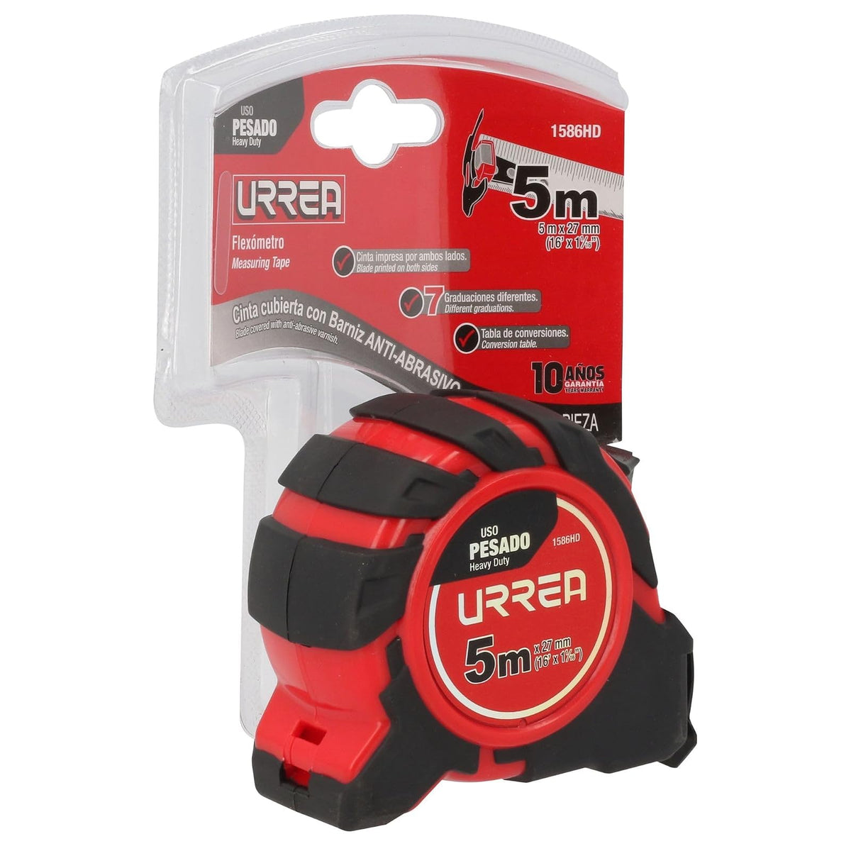 Urrea 1586HD Flexómetro Heavy Duty con Hoja de Acero y Carátula de ABS + TPR, 5 M x 27 Mm, 4 Remaches