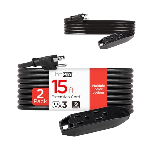 UltraPro, Cable de Extensión de 3 Salidas de 4.5 m (15 pies), Doble Aislamiento, Uso Interior y Exterior, para Uso en Casa, Garaje o Taller, Calibre 16, Certificación UL, Negro, 2 Unidades, 50791