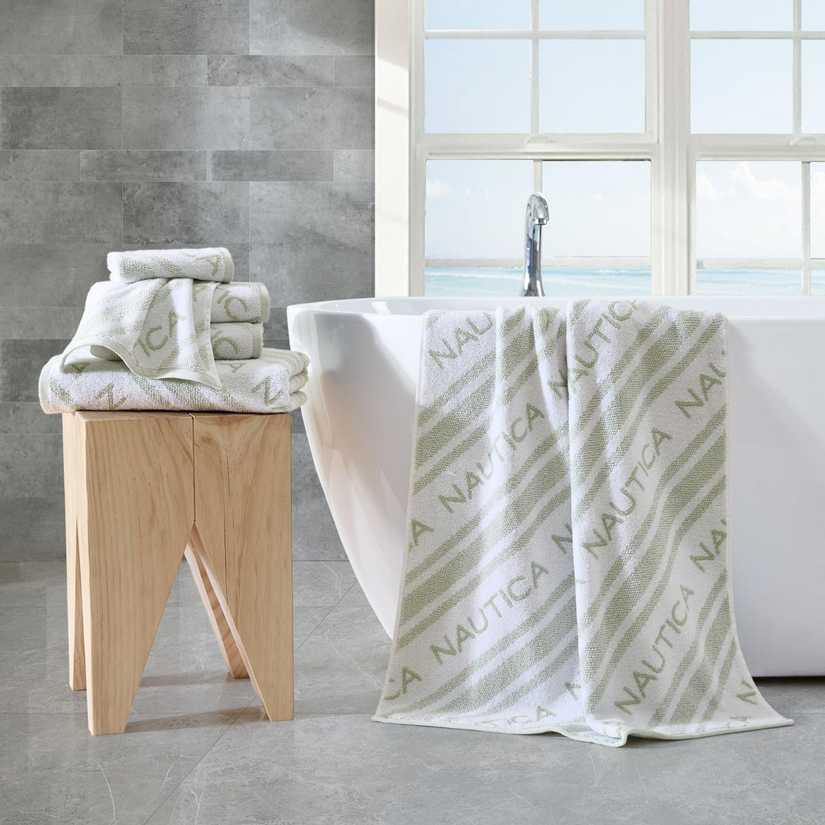 Nautica - Toallas de baño, Suaves y absorbentes para baño, Certificado Oeko-Tex (Verde minera), 6 Piezas