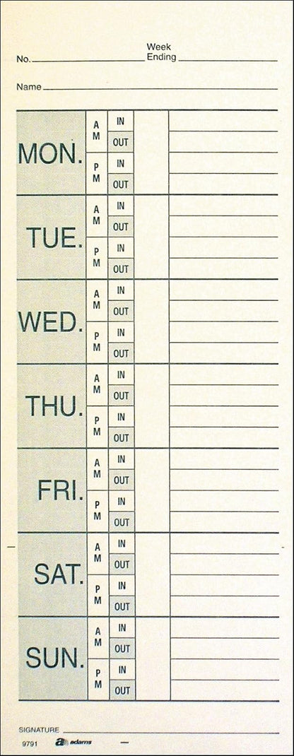 Adams Time Cards, Weekly, 2 caras, formato de horas extras, días con nombre, 3-3/8 x 9 pulgadas, Manila, impresión verde/rojo, 200 unidades (9791-200)