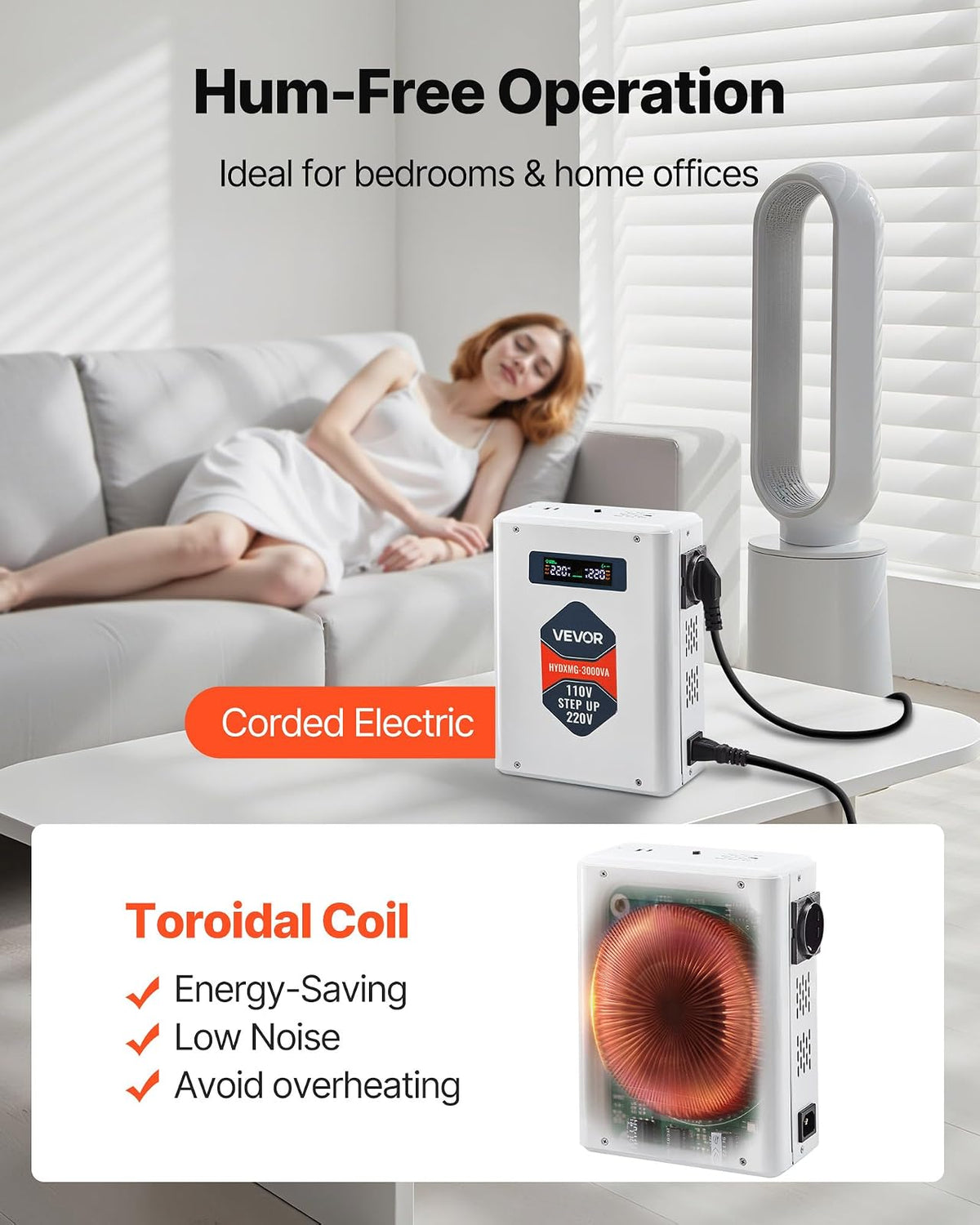 VEVOR Convertidor Elevador de Voltaje 3000 VA, Transformador de Potencia 110 V a 220 V de Alta Resistencia con 2 Tomas de Corriente de la UE, Salida USB, Pantalla LCD, Protección de Temperatura