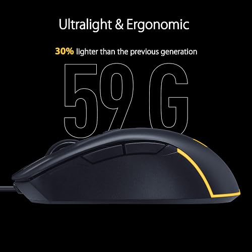 ASUS Mouse Gaming TUF Gaming M3 Gen IIncon Cable, 59 g, Ligero, Resistente al Polvo y al Agua IP56, Protector Antibacteriano, Sensor óptico 8K dpi, 6 Botones programables, Color Negro