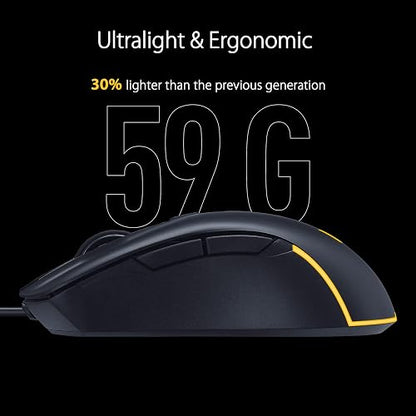 ASUS Mouse Gaming TUF Gaming M3 Gen IIncon Cable, 59 g, Ligero, Resistente al Polvo y al Agua IP56, Protector Antibacteriano, Sensor óptico 8K dpi, 6 Botones programables, Color Negro