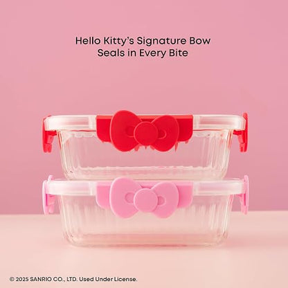 JoyJolt Sanrio Hello Kitty Recipientes de Vidrio Estriado 2 | Rosa y rojo, 2 pzs, borosilicato estriado, tapas herméticas sin BPA, seguro para congelador/microondas/horno
