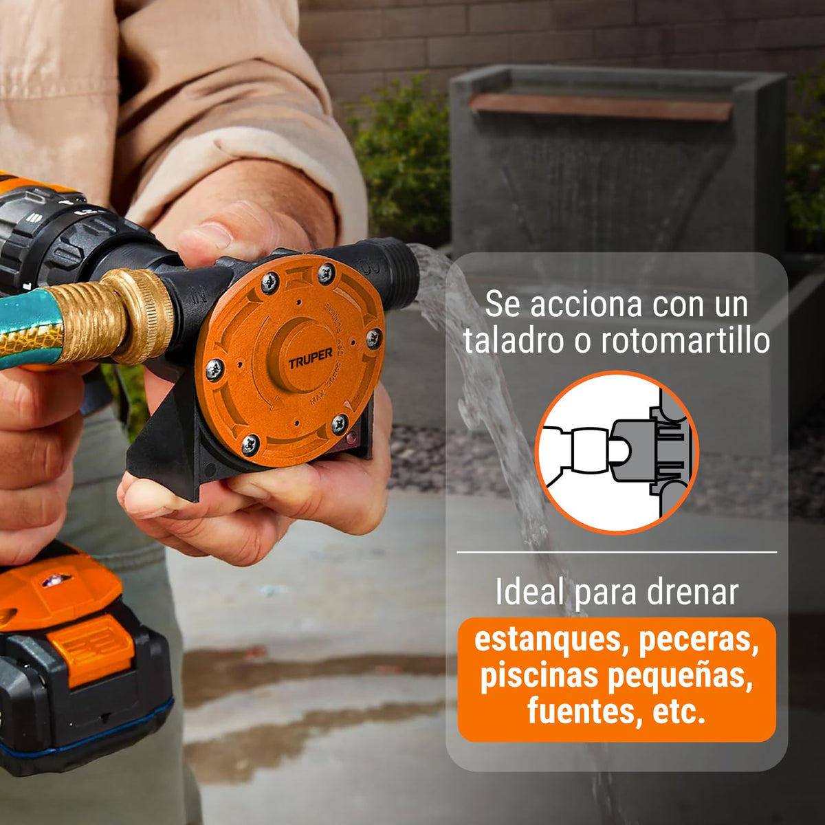Truper BOT-1, Bomba autocebante para uso con taladro compatible con los broqueros comunes