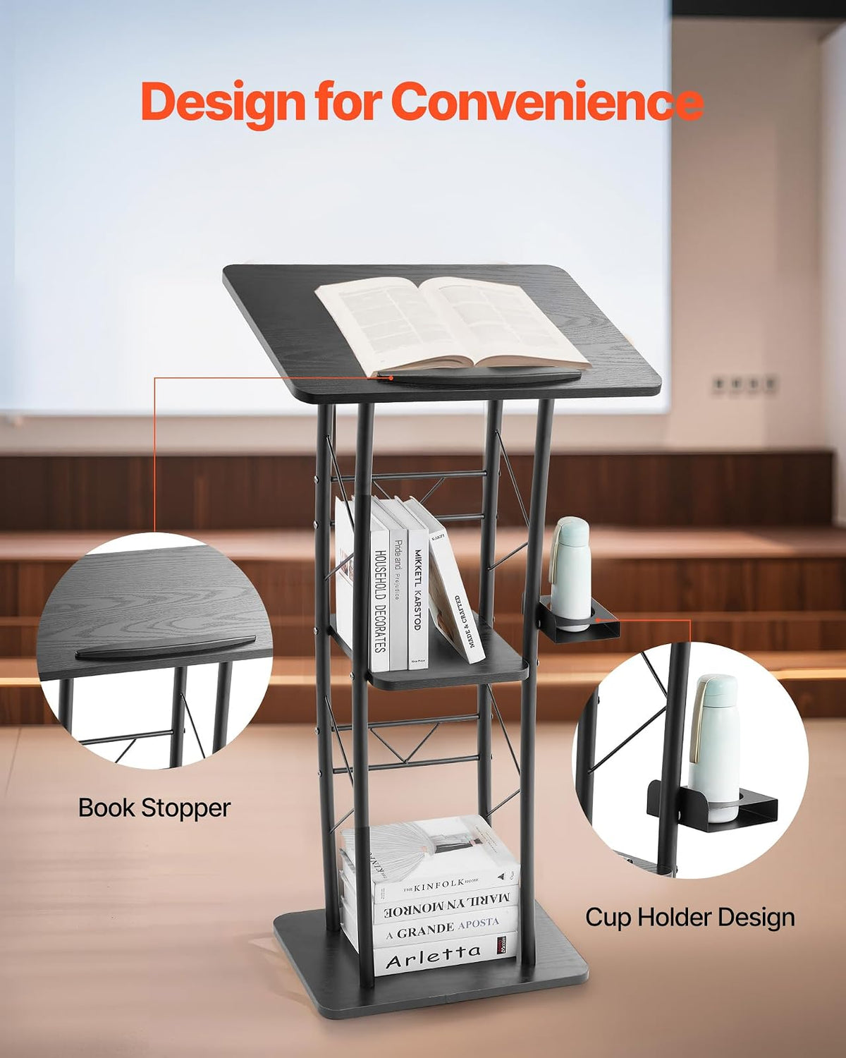 VEVOR Soporte de Podio de Metal Curvo Atril de Pie con Amplia Superficie de Lectura 59,5 x 40 cm, Estante de Almacenamiento, Portavasos para Aulas, Bodas, Conferencias, Discursos, Conciertos
