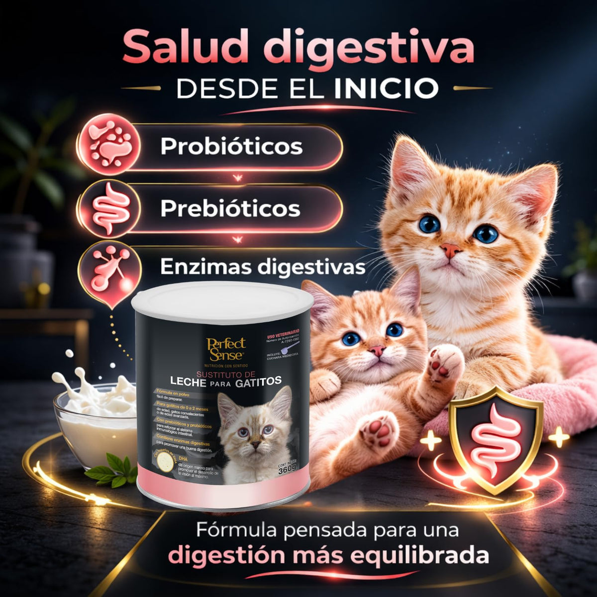 Perfect Sense Sustituto de Leche para Gatitos 360 g con Prebióticos, Probióticos, Enzimas Digestivas y DHA de Origen Marino