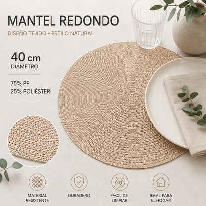 LE BONNE TABLE- Manteles Individuales Redondos, Beige, 75% Plastico 25% Poliéster, 40 cm, Set de 4 Piezas