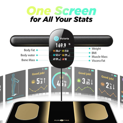 Runstar Smart Scale FSA o HSA, 8 electrodos, báscula digital de baño para peso corporal y grasa, IMC, masa muscular 28, medición de composición corporal, con TFT LCD a todo color en mango retráctil