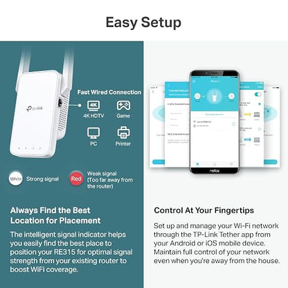 TP-Link RE315 Repetidor WiFi de Banda Dual AC1200, hasta 867 Mbps en 5GHz, Cubre hasta 1500 pies Cuadrados y 25 Dispositivos