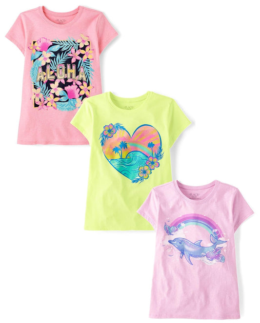 The Children's Place Playera gráfica de Manga Corta, Paquete de 2 Camiseta para Niñas