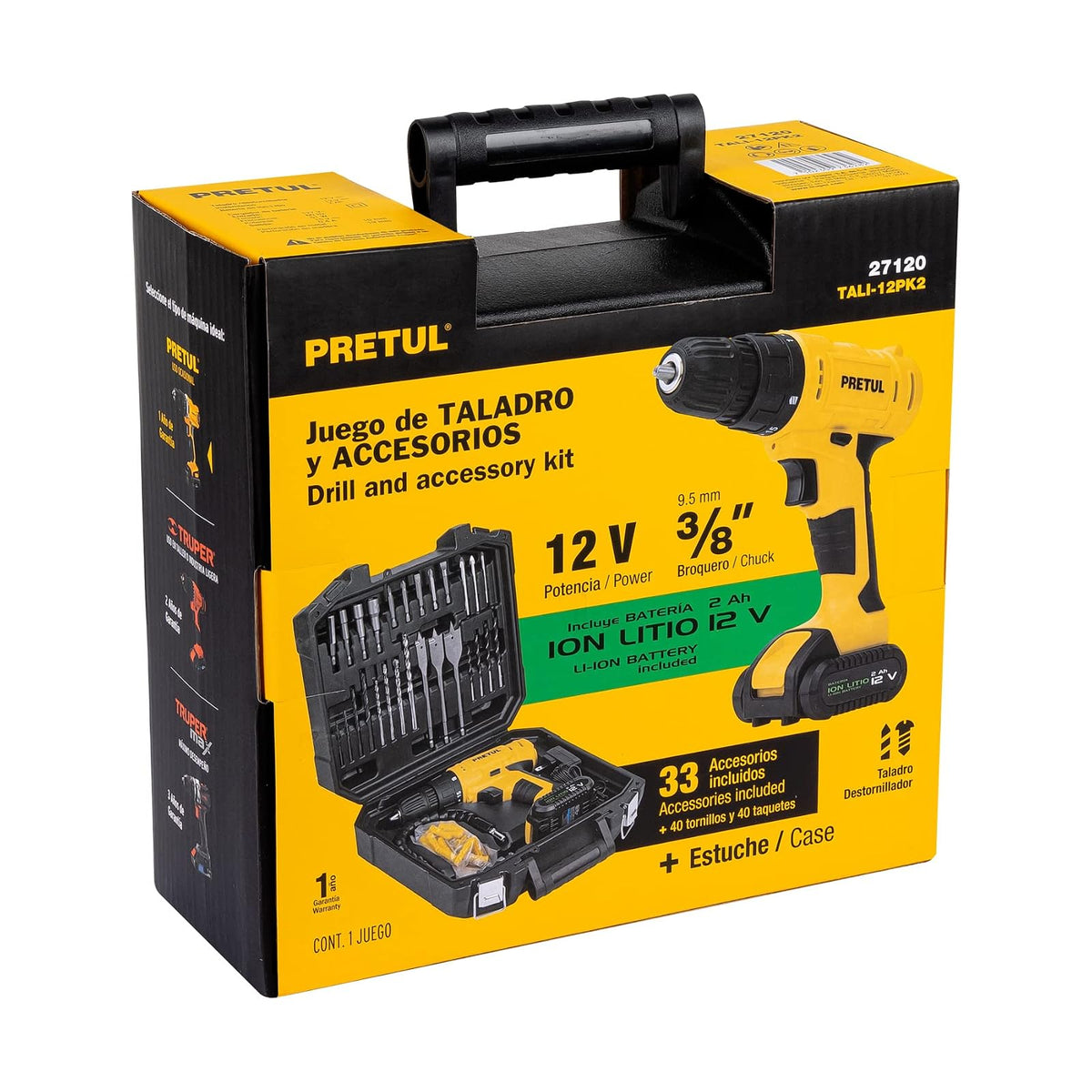 PRETUL TALI-12PK2, Kit taladro/destornillador 3/8", 12V con 33 accesorios