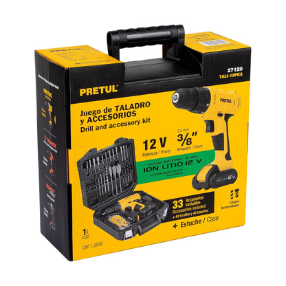 PRETUL TALI-12PK2, Kit taladro/destornillador 3/8", 12V con 33 accesorios
