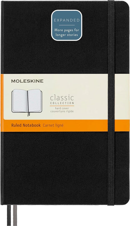 Moleskine Cuaderno ampliado clásico, tapa dura, grande (12.7 x 20.8 cm), rayado/forrado, negro, 400 páginas