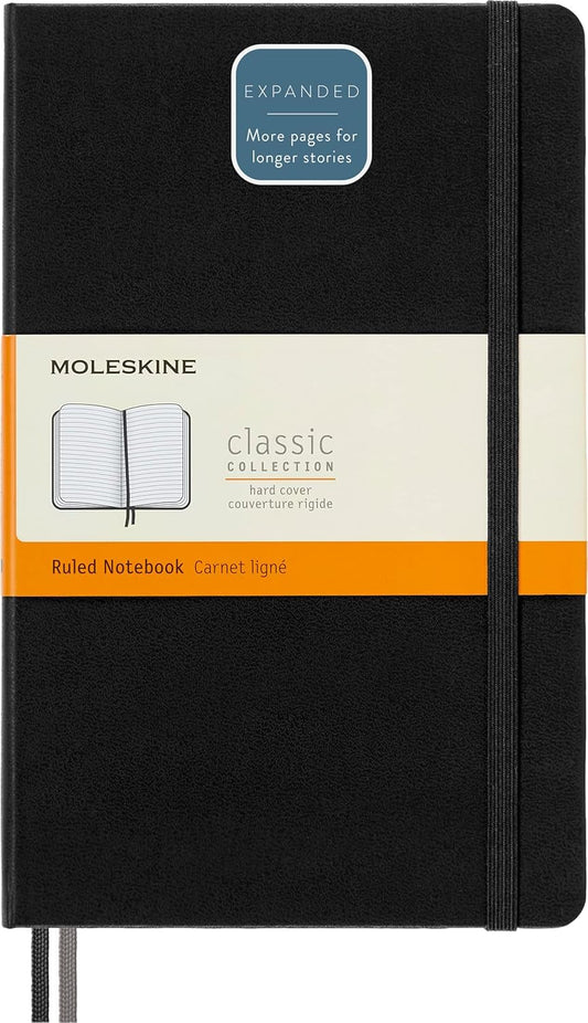 Moleskine Cuaderno ampliado clásico, tapa dura, grande (12.7 x 20.8 cm), rayado/forrado, negro, 400 páginas