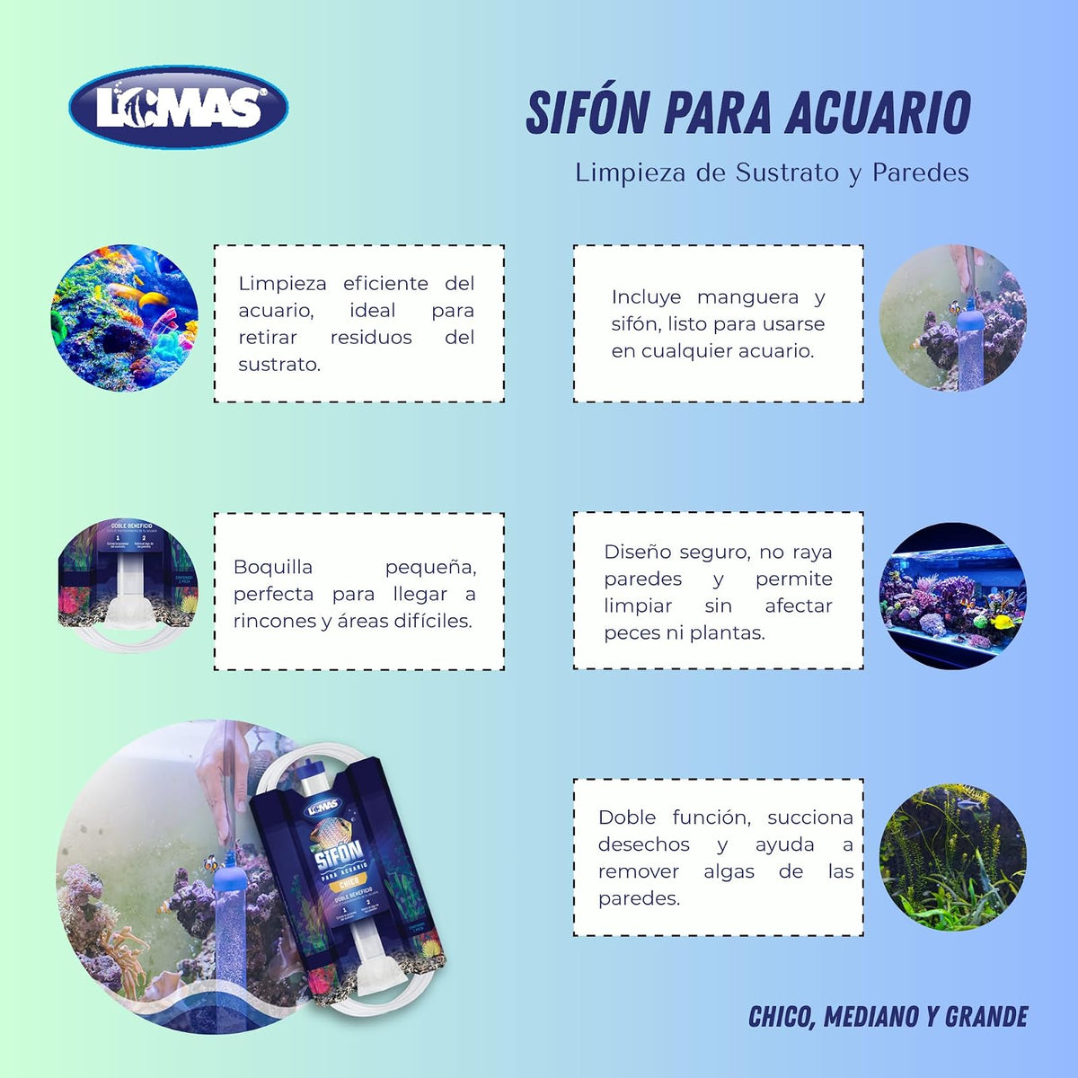 Lomas Sifón Mediano para Acuario con Boquilla Plástica y Manguera – Limpieza Fácil de Sustrato y Paredes