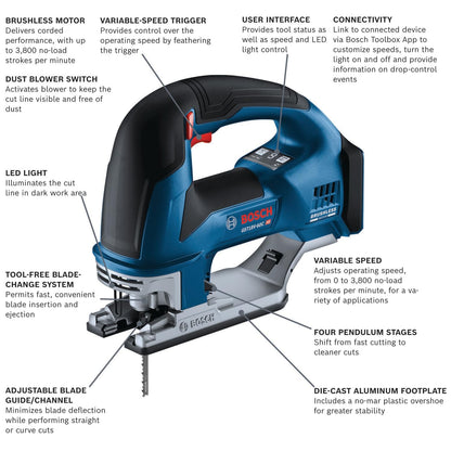 BOSCH GST18V-60CN Sierra de calar con mango superior conectada sin escobillas de 18 V, 3.800 SPM, luz LED, cambio de hoja sin herramientas (herramienta desnuda)
