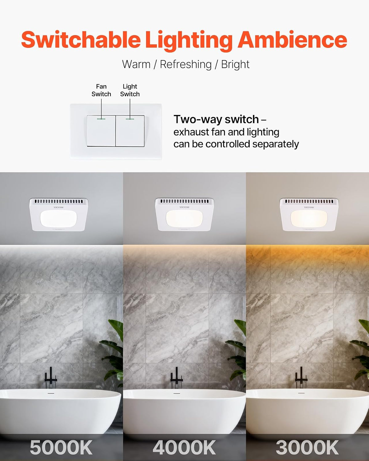 VEVOR Extractor de aire para baño con luz LED, 80 CFM, tres velocidades, 1.5 sones, silencioso, motor de CA premium, ventilador de techo para lavandería, trastero y ventilación del hogar, color blanco