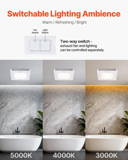 VEVOR Extractor de aire para baño con luz LED, 80 CFM, tres velocidades, 1.5 sones, silencioso, motor de CA premium, ventilador de techo para lavandería, trastero y ventilación del hogar, color blanco