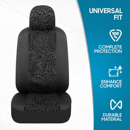 BDK SC553 Juego Fundas Asiento Automóvil Leopardo Negro Delanteros Estampado Animal Reposacabezas Diseño Sin Lados Fácil Instalación para Automóviles Camiones SUV 2 Piezas