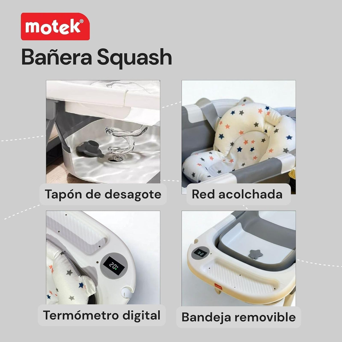 Motek Squash Bañera Tina Plegable para Bebé con Termómetro Digital Táctil, Red Acolchada de Soporte, Tapón de Drenaje y Charola Removible, Diseño Ultra Compacto Portátil, Superficie antideslizante (Azul)