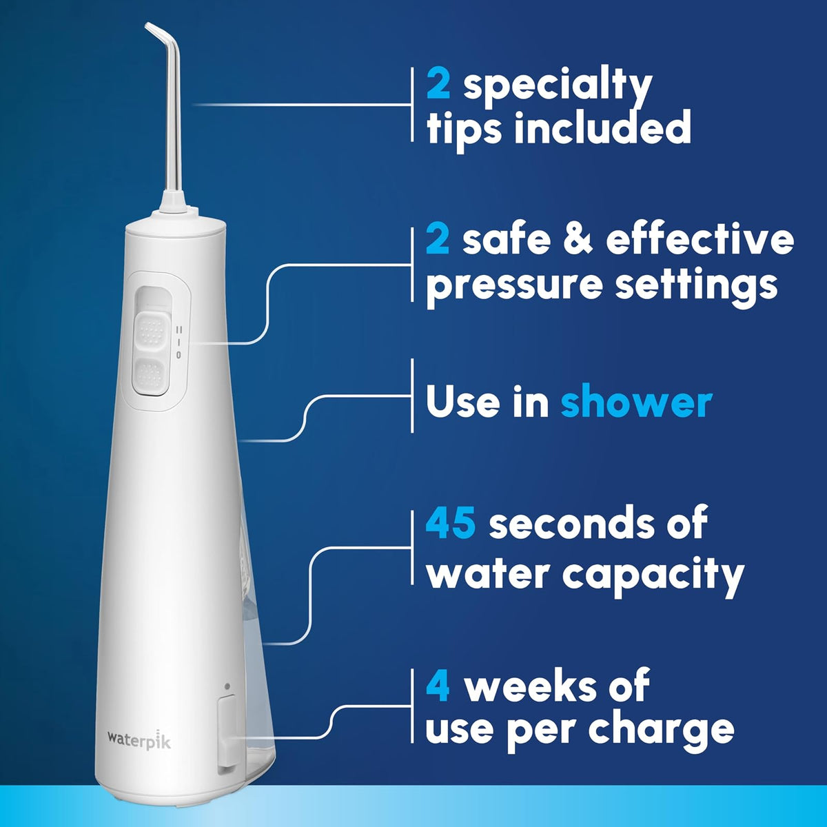Waterpik - Hilo dental inalámbrico recargable de pulso portátil para dientes, encías, aparatos ortopédicos para el cuidado y viajes con 2 puntas de hilo dental, impermeable, aceptado ADA, WF-20 blanco