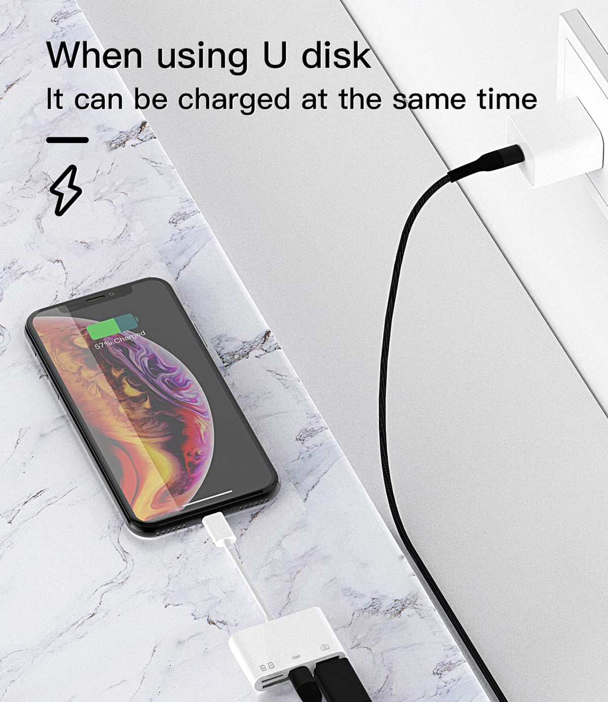 zoyuzan Lector de Tarjetas SD de Memoria para cámara Compatible con iPhone, Compatible con Lightning Macho a USB Hembra OTG Adaptador Micro TF Cargador Divisor de Carga de alimentación
