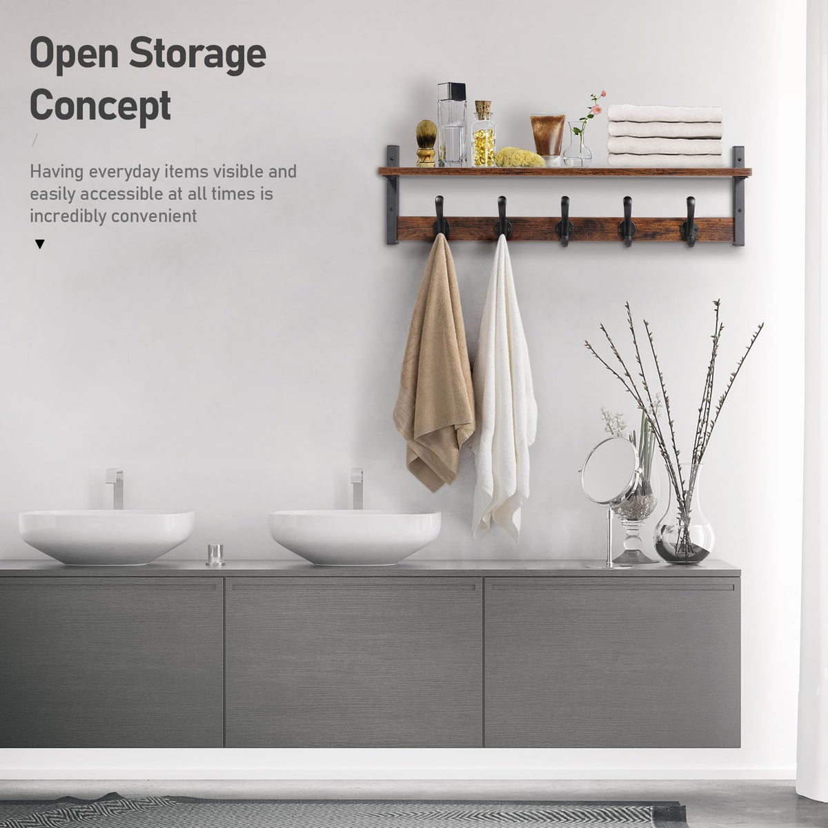 Tatub - Perchero rústico de 29 pulgadas con estante, ganchos de pared de entrada con estante, perchas para baño, sala de estar, recámara, color negro rústico