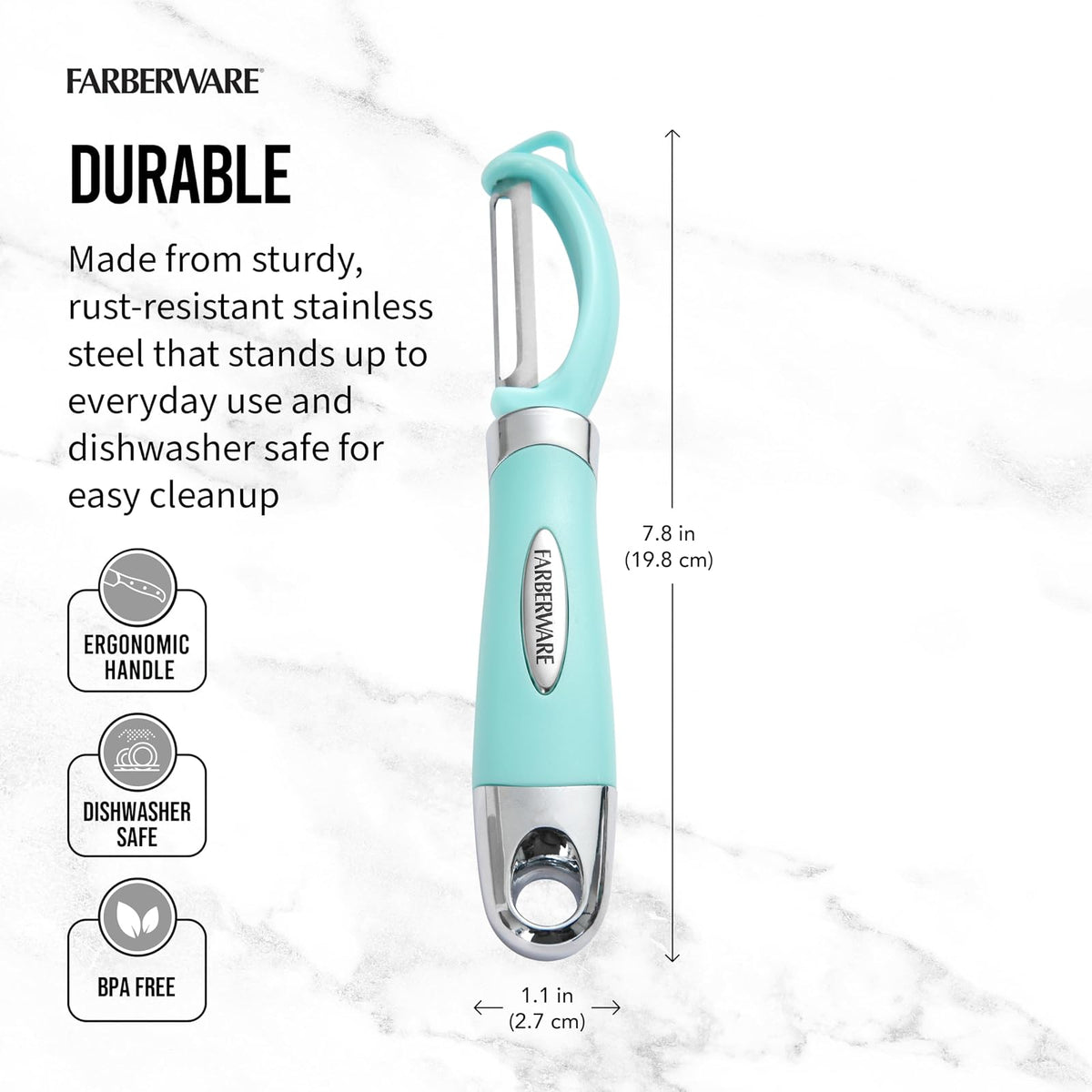 Farberware Euro Peeler, un esencial de cocina para pelar productos rápido y fácil, chocolate, quesos y más, cuenta con agujero para colgar para un fácil almacenamiento, apto para lavaplatos, Aqua Sky