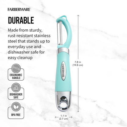 Farberware Euro Peeler, un esencial de cocina para pelar productos rápido y fácil, chocolate, quesos y más, cuenta con agujero para colgar para un fácil almacenamiento, apto para lavaplatos, Aqua Sky
