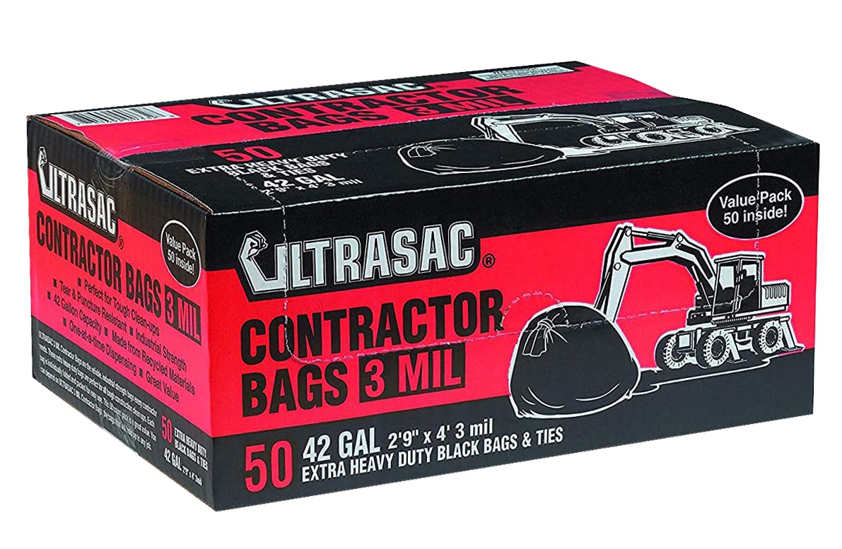 Ultrasac - Bolsas para contratistas resistentes (valor, 50 paquetes/w lazos), 42 galones, 33.8 x 47 pulgadas - 3 milímetros de grosor, bolsas de basura industriales negras grandes para construcción y