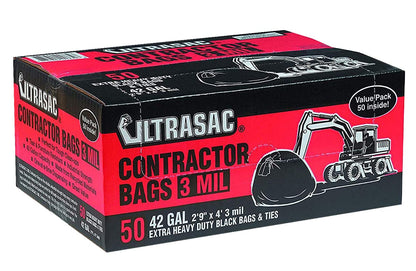 Ultrasac - Bolsas para contratistas resistentes (valor, 50 paquetes/w lazos), 42 galones, 33.8 x 47 pulgadas - 3 milímetros de grosor, bolsas de basura industriales negras grandes para construcción y
