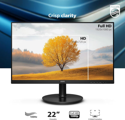 Philips Monitor Full HD (1920 x 1080) de 22 Pulgadas, frecuencia de actualización de 100 Hz, VESA, HDMI x1, VGA x1, Modo LowBlue, sincronización adaptativa, garantía de reemplazo de 4 años, 221V8LB