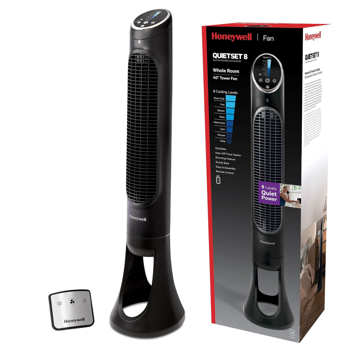 Honeywell QuietSet Ventilador de Torre Oscilante - Negro - 8 velocidades