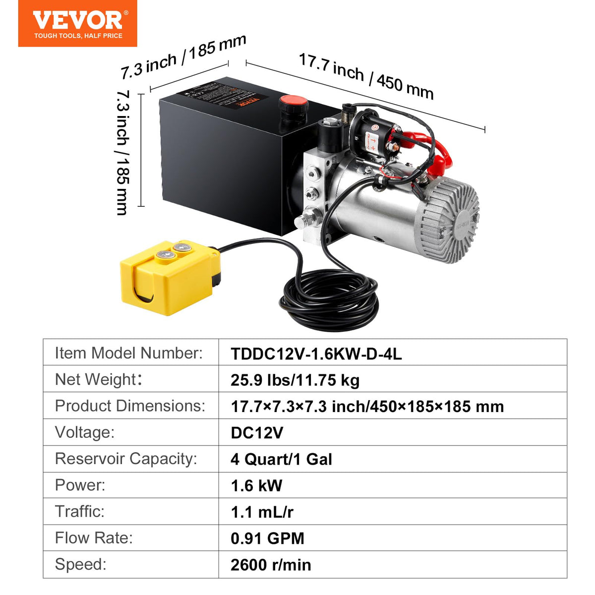 VEVOR Bomba Hidráulica DC 12 V 4 L Unidad Hidráulica de Acción Única Flujo de Aceite 3,44 L/min Presión Máxima de Descarga 22 MPa para Volquete, Plataforma Elevadora, Remolque, Elevación y Descarga