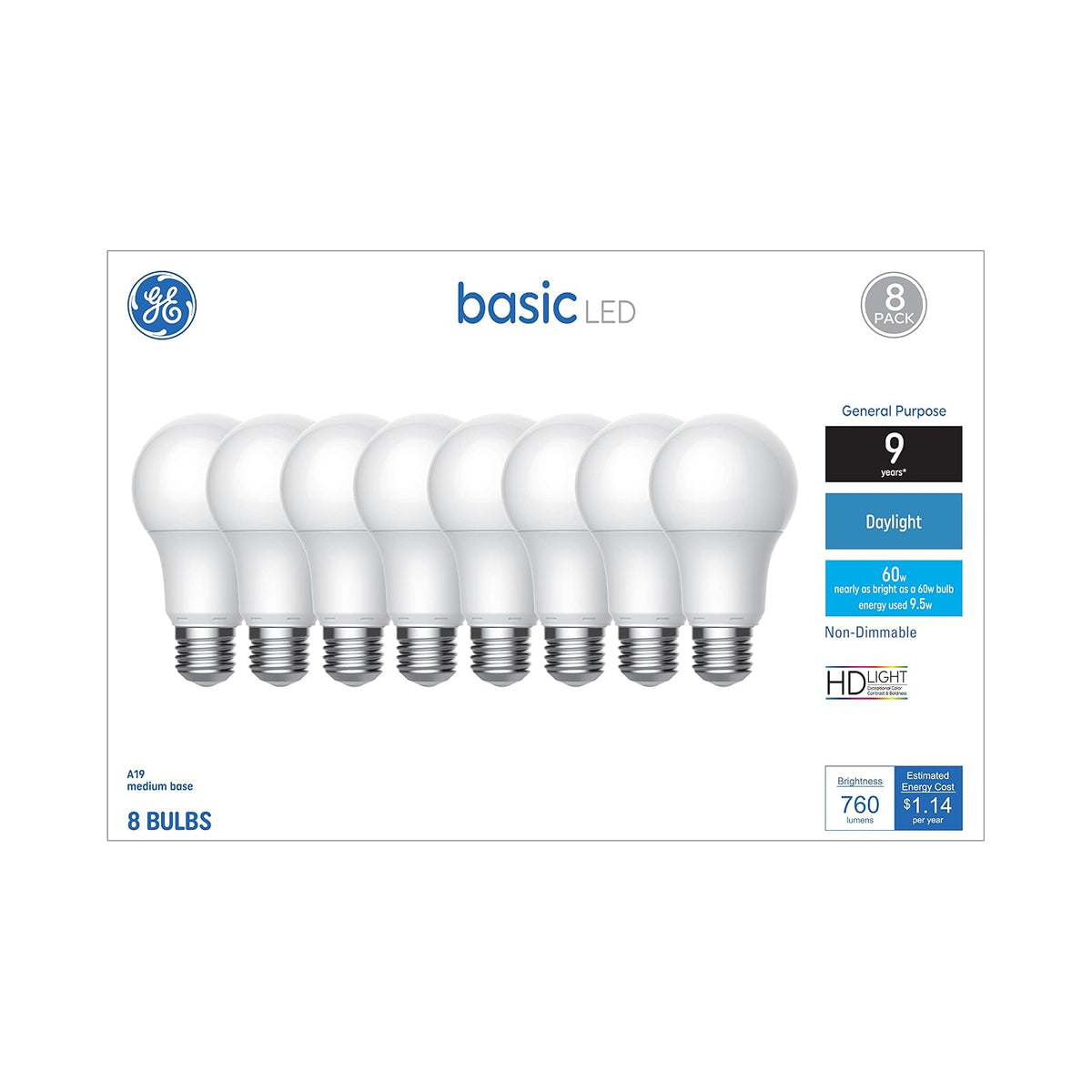 GE Basic Bombillas LED A19 Luz de Día, Paquete de 4 - Luz diurna - Paquete de 8 - 60 W