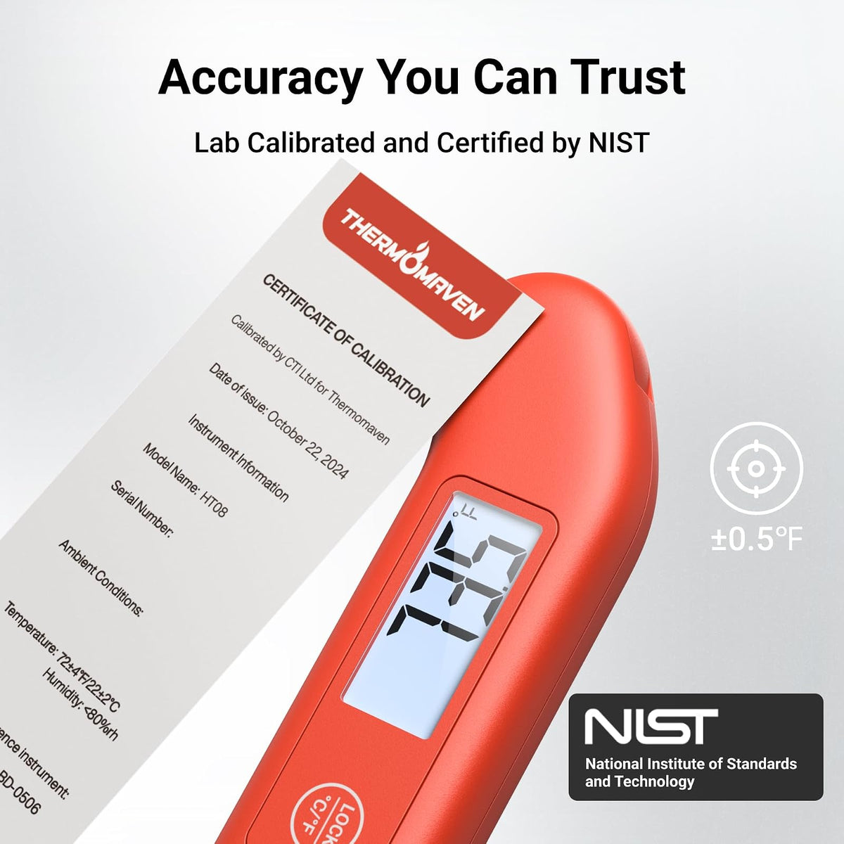Termómetro profesional de carne digital, precisión certificada NIST de ±0-50 °F, termómetro de lectura instantánea para cocinar parrilla, 100% impermeable, visualización retroiluminada de rotación