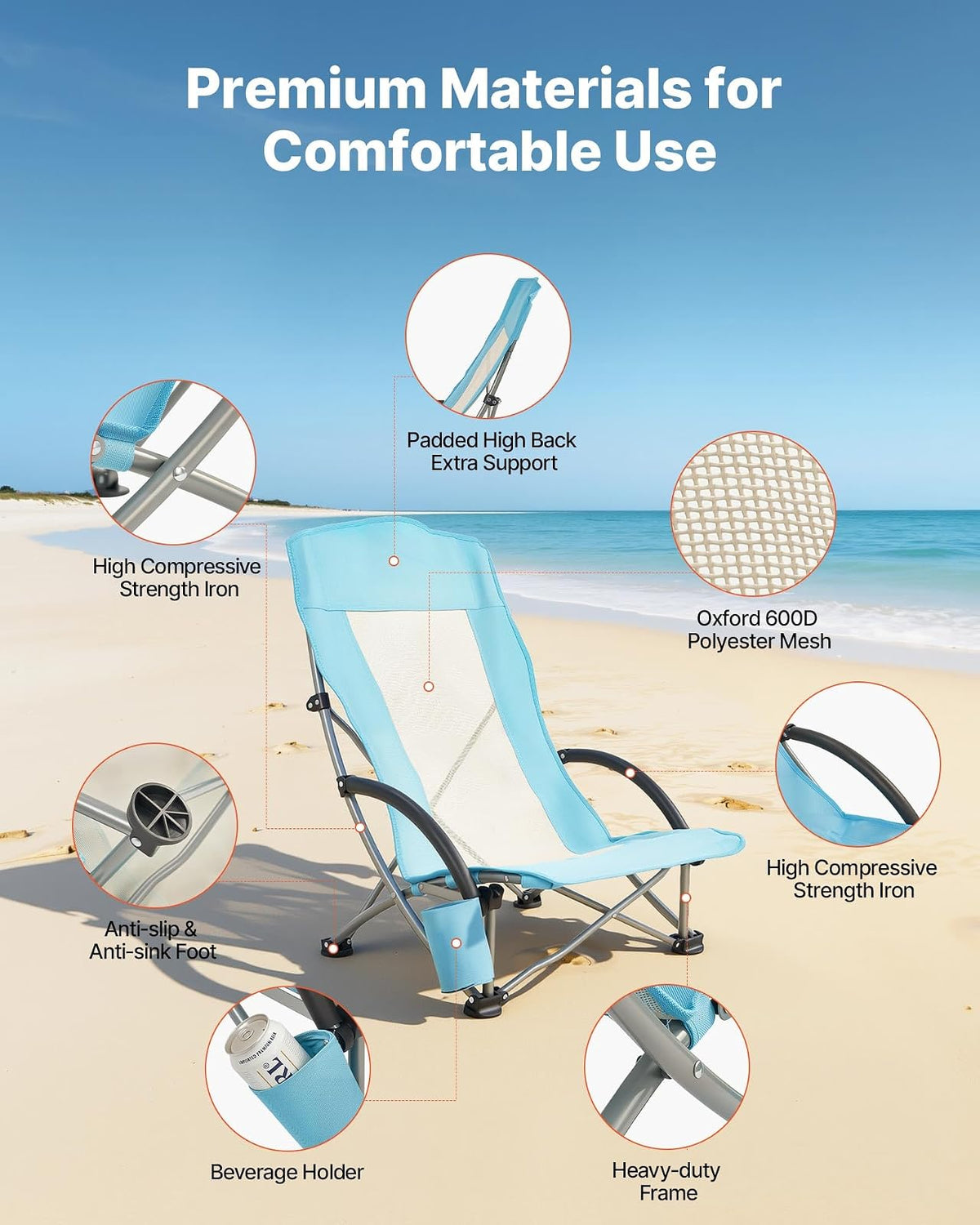 VEVOR Silla de Playa Plegable, Paquete de 2, Capacidad Máxima de 150 kg con Respaldo Alto de Malla, Almohada, Silla de Camping Portátil, Resistente con Portavasos para Exteriores Barbacoa Aire Libre
