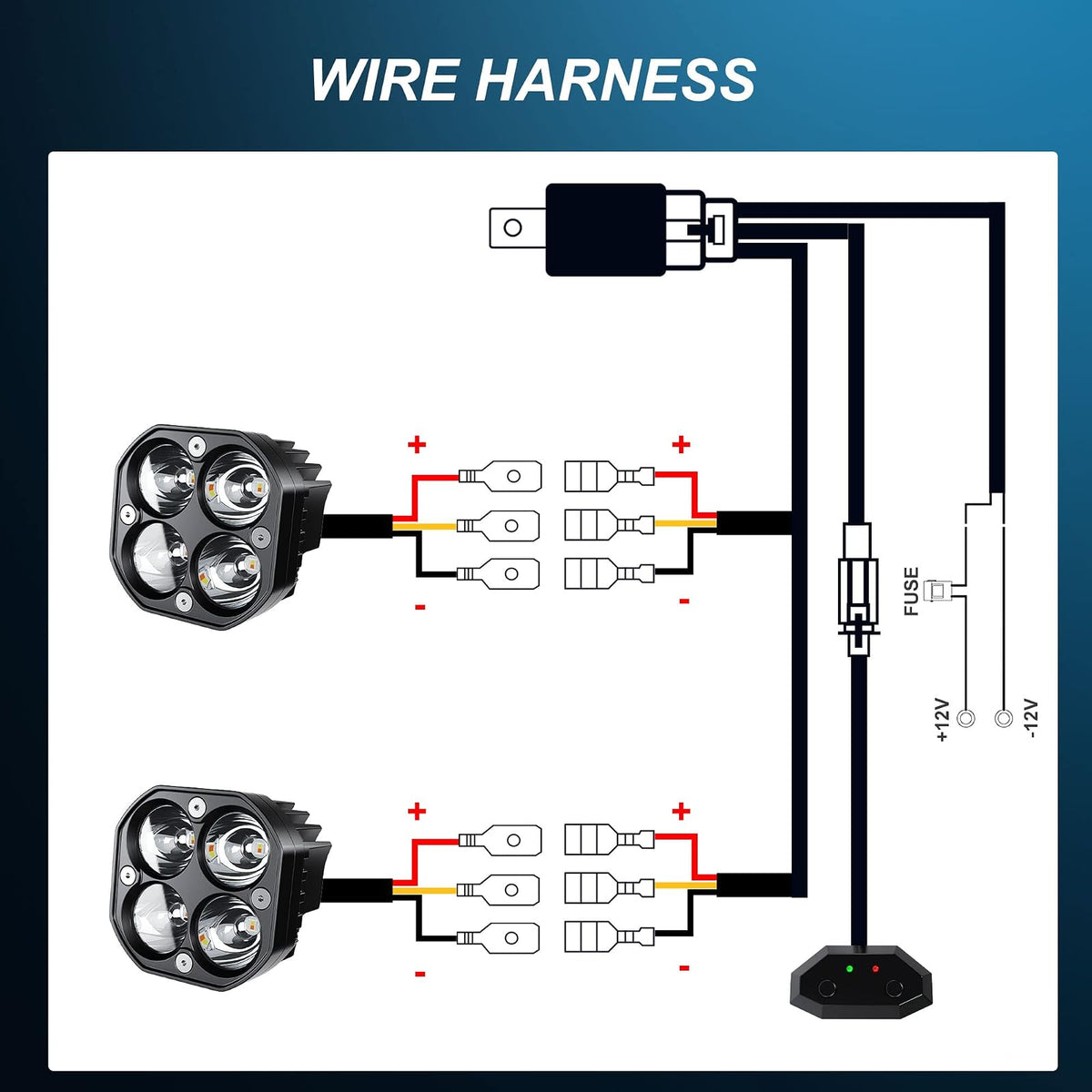 SLARY - Juego de 2 luces LED de trabajo de 3 pulgadas, color blanco y ámbar con seis modos, cubeta cuadrado, luces de parachoques con interruptor de arnés de cableado WHX-YY-4C-YWBS-2P3INS-SW